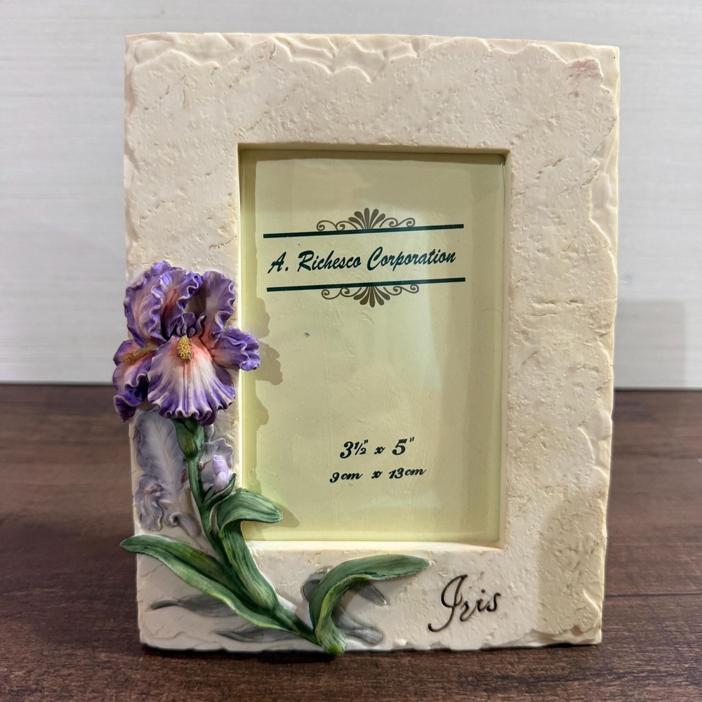 VTG 80s Purple Iris Photo Frame, 3D Hand Painted Floral Picture Frame 3.5 x 5